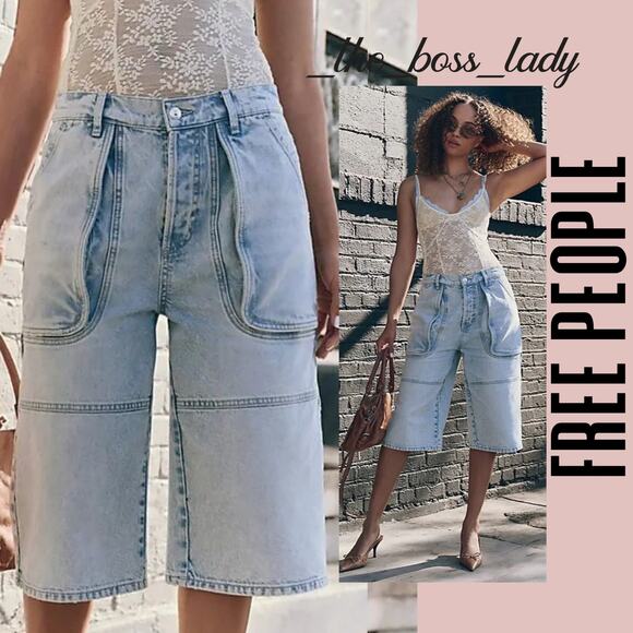 Free People cropped jeans pants long shorts denim bermuda relaxed cotton 27 - Picture 2 of 11